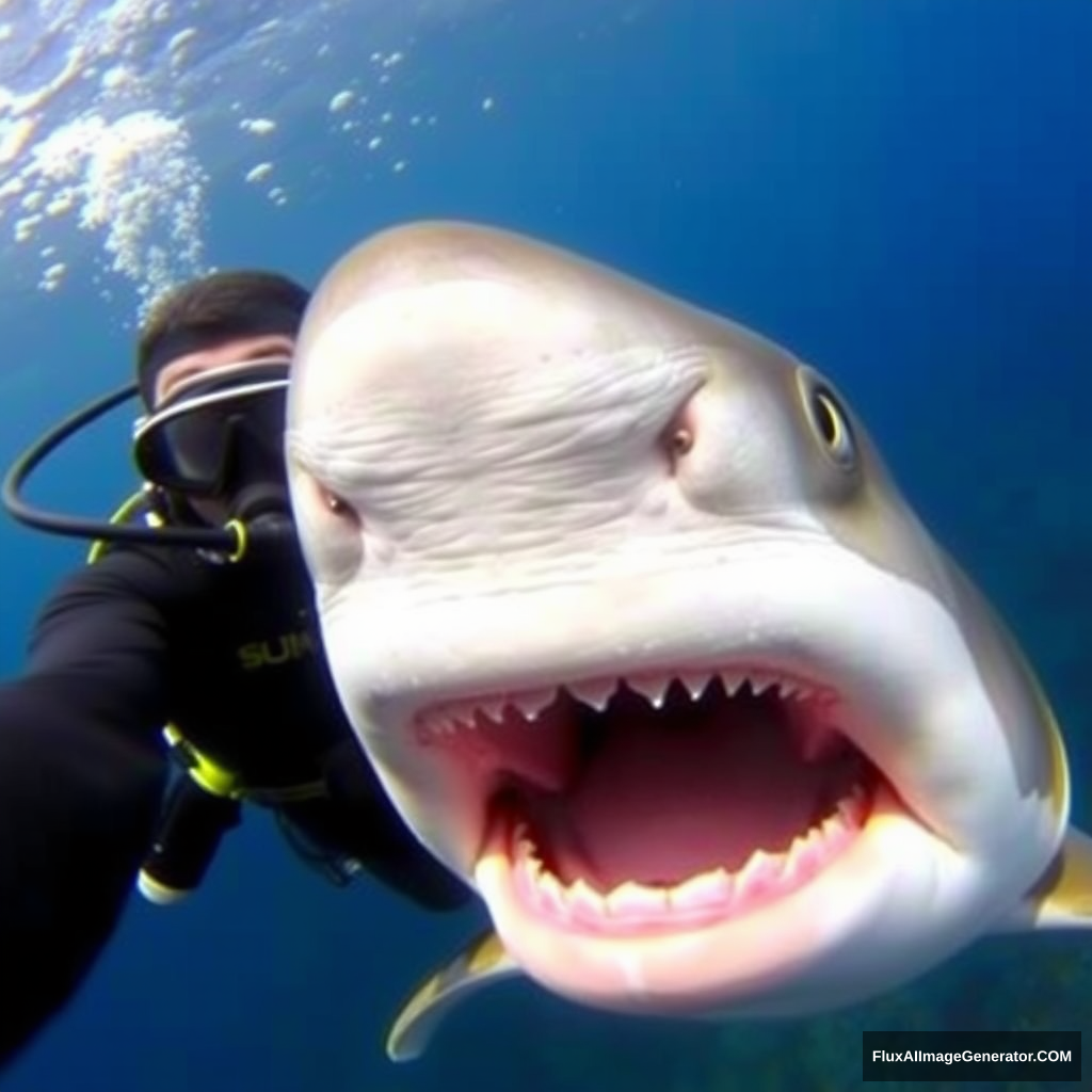 "The diver takes a selfie with a shark."