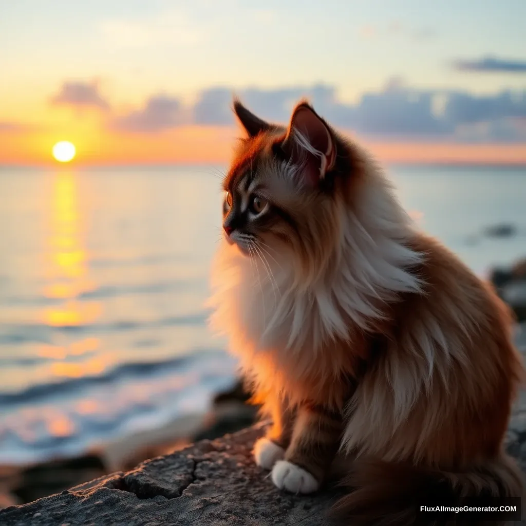 "A ragdoll cat watching the sunrise by the sea."