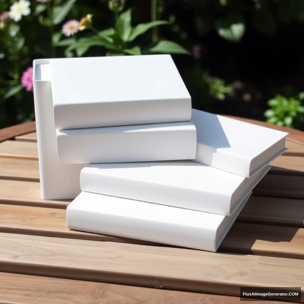 Five white square books cover on a wooden garden table.