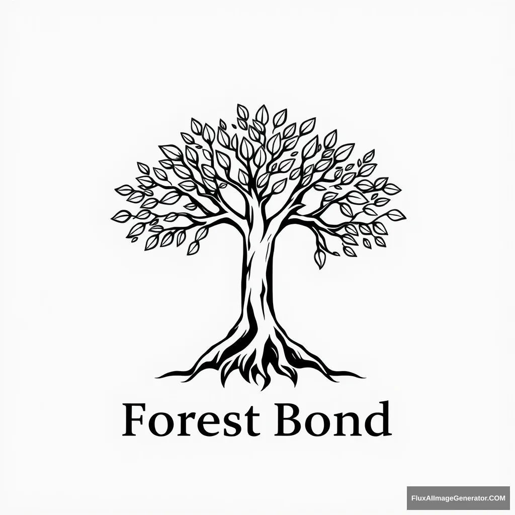 It's a logo for an app called forestbond. It's a tree in the shape of a woman spreading its branches with a lot of leaves. It gives the impression of deep and solid roots. Draw it in a reverent way and write the words Forest Bond underneath it in capital letters. It should have a serious feel to it. Don't overlap the drawing and text. Draw the whole thing in black on a transparent background. - Image