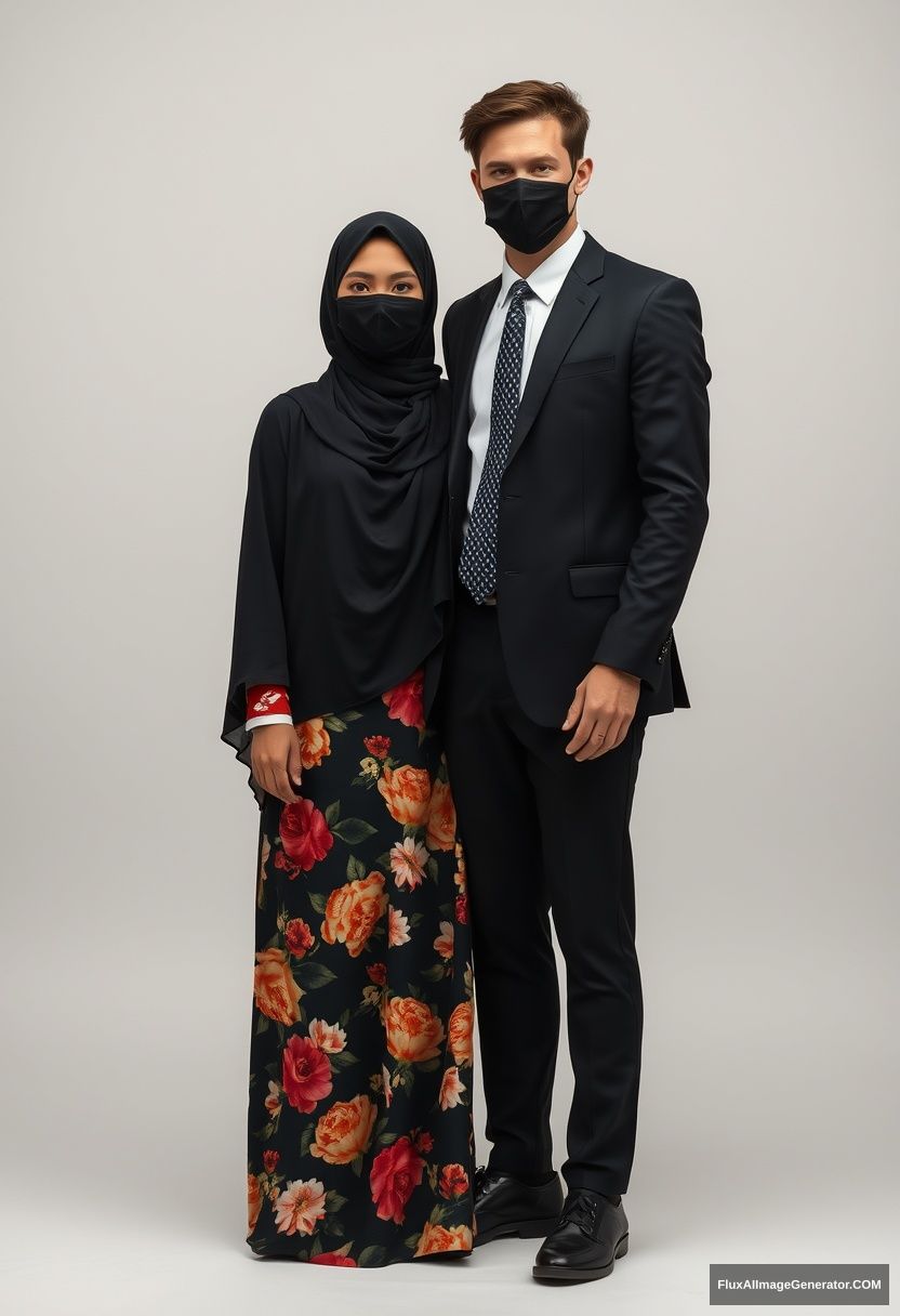 A biggest black hijab girl, slim girl, beautiful eyes, face mask black, biggest floral longest dress, standing

Jamie Dornan, youngest, black suit coat, white shirt, grey pattern tie, black leather sneaker, tall man, face mask black, fit tough body, standing near her,

hyper realistic, studio photography.