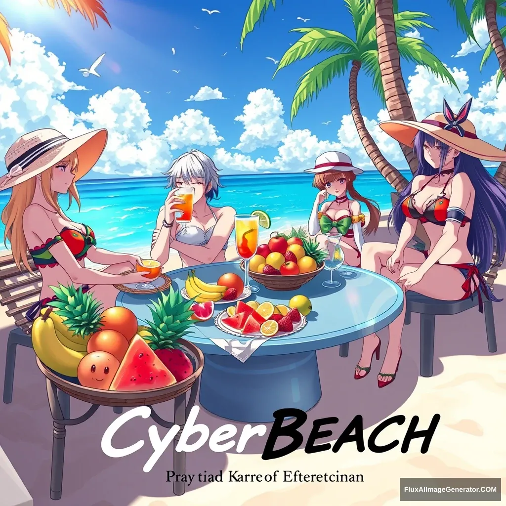 "Imagine an anime character on vacation at the beach in Miami, sipping a drink, with many exotic fruits on the table. Surrounding them are beautiful anime girls in costumes. At the bottom write 'A greeting from Kuro of CyberBEACH.' The word 'CyberBEACH' in a Cuban style. Resolution 8k."