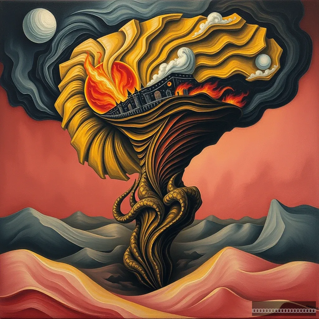 lion, oil on canvas, in the style of Pablo Picasso, cubism, density of forms, i can't believe how beautiful this is, a painting of a tornado with a city and fires on it in the style of dark yellow and crimson, spiral group, wiccan, animated gifs, figura serpentinata, photo taken with nikon d750, chalk, abstract digital art, desert dunes and sand ripple textures on a dusky rose background, undulating contours in warm beiges and soft pinks, interspersed with shadows of cool gray, 3d rendered - Image