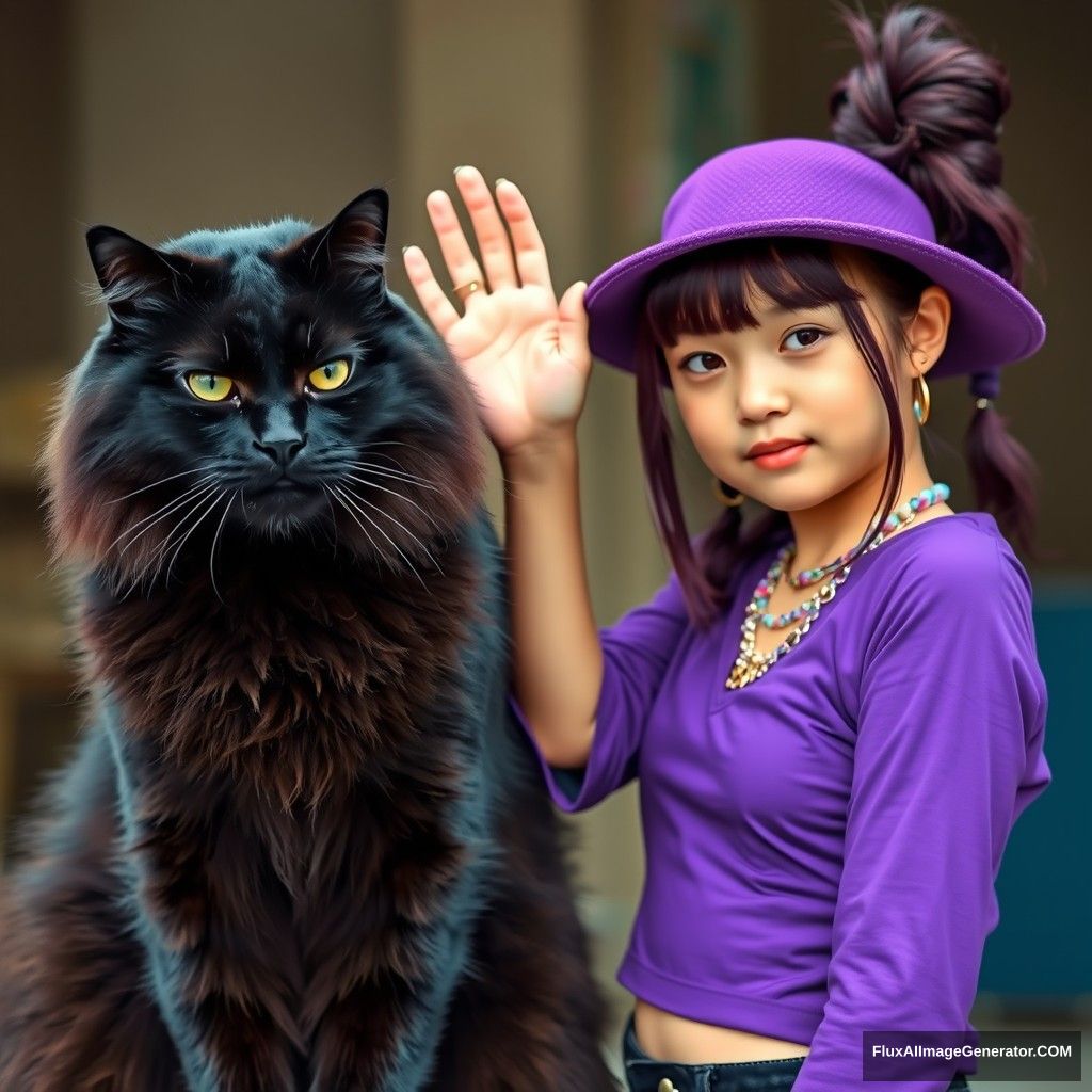 A girl wearing a purple hip-hop style lifted her hand and stroked a huge black cat, taking a realistic photo. - Image