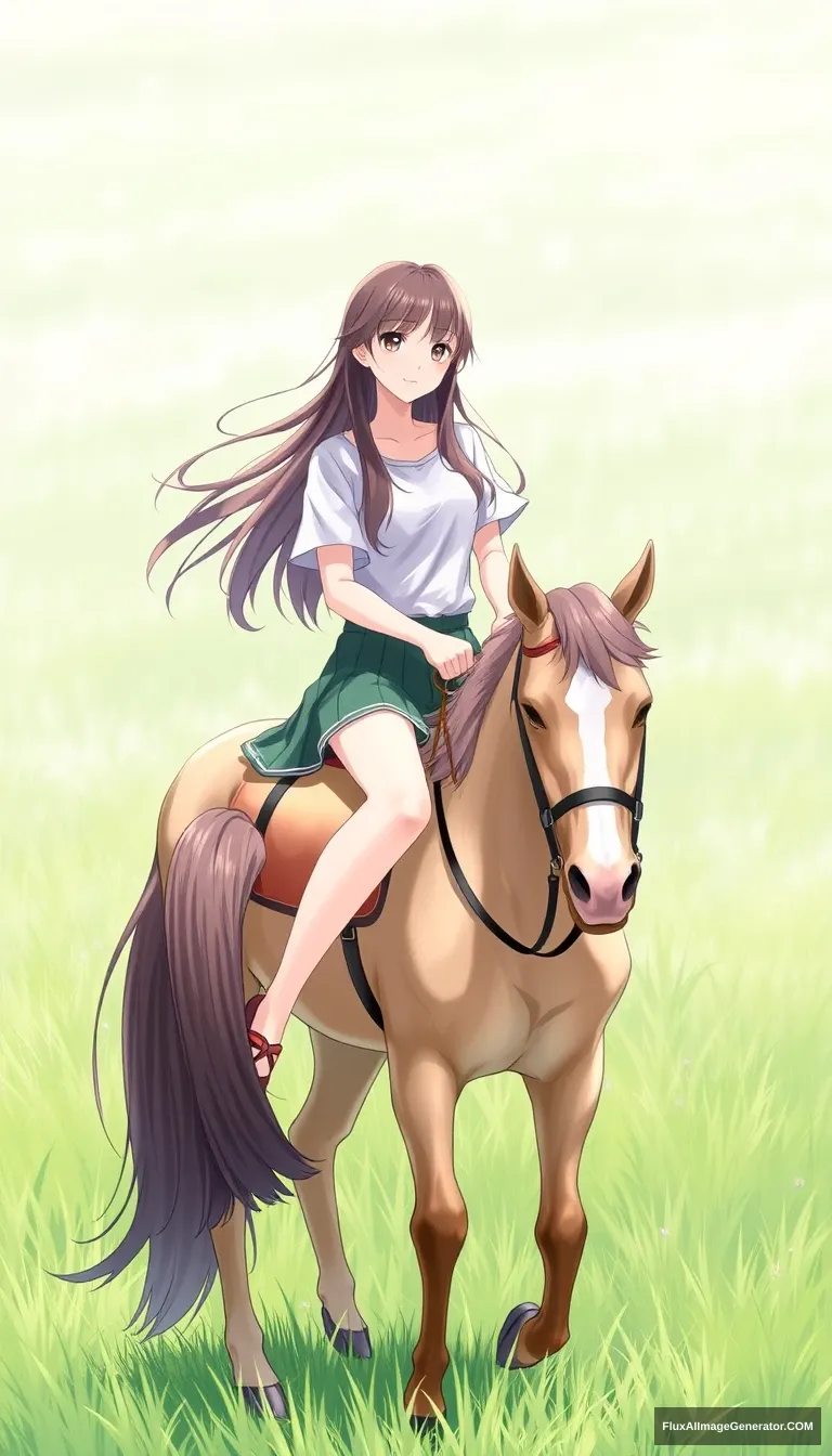 An Asian girl, long hair, long legs, short skirt, T-shirt, riding a horse on the grass. - Image