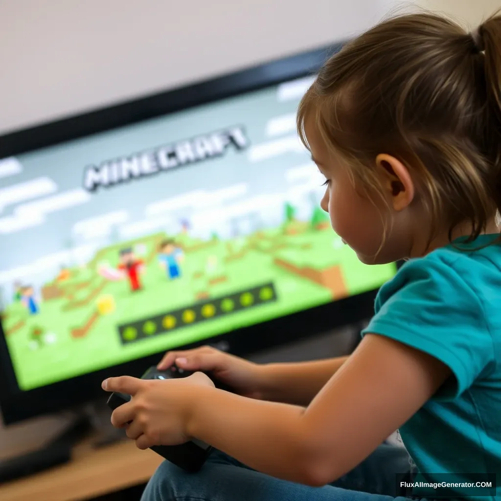 A little girl playing Minecraft in front of the screen.