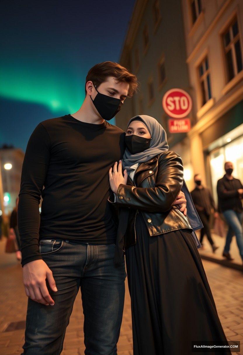 Jamie Dornan, tall, young, wearing a black face mask, a black long-sleeve T-shirt, and jeans, dating a romantic Muslim girl in a grey hijab with beautiful eyes, also wearing a black face mask and a leather jacket, with a very long and wide skirt, who is not tall. They are laying against each other in town, in a photorealistic street photography scene, at night, with the aurora borealis in the background.