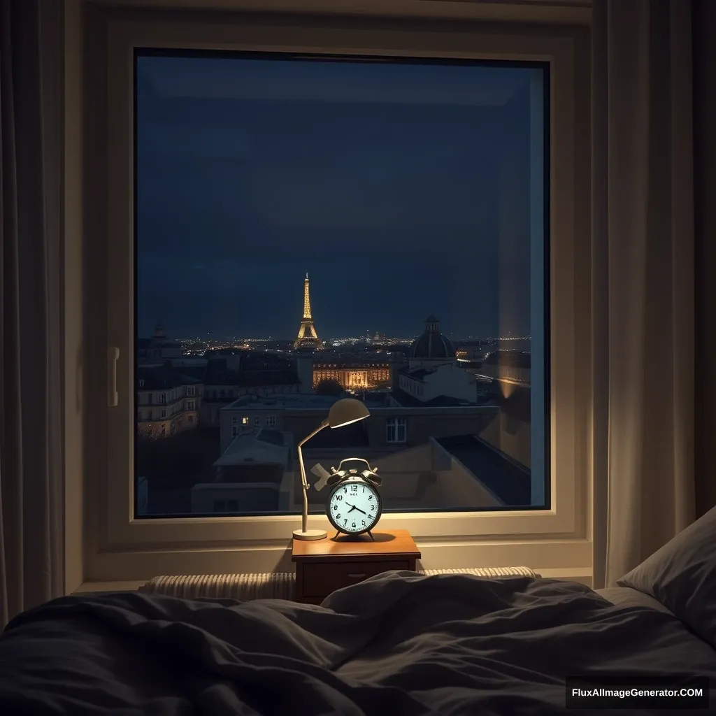 Glass window, modern bedroom apartment in France, a study lamp lighting, night scenery, 2:00 AM on a small clock at a small desk behind the bed, hyper-realistic, photorealistic. - Image