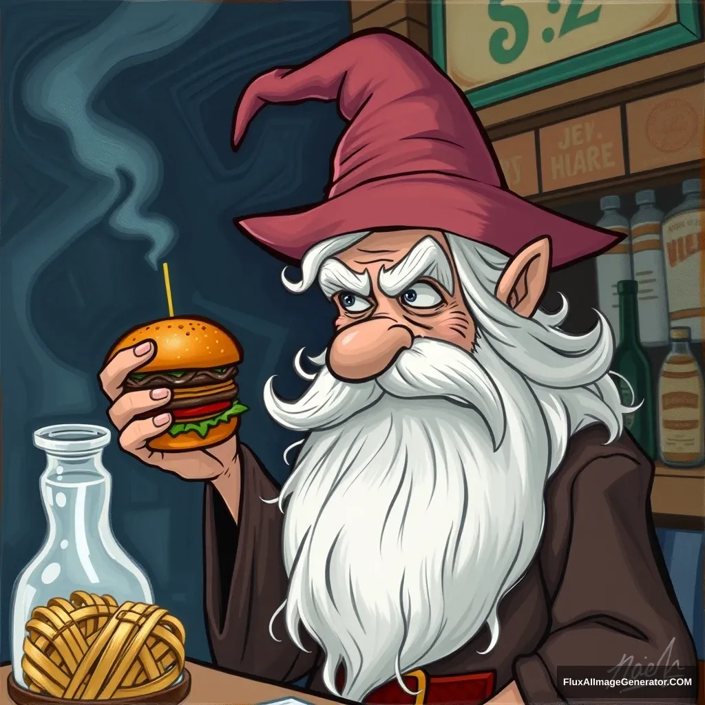 The wizard tries to buy a hamburger, but because no one understands him, he gets mad.