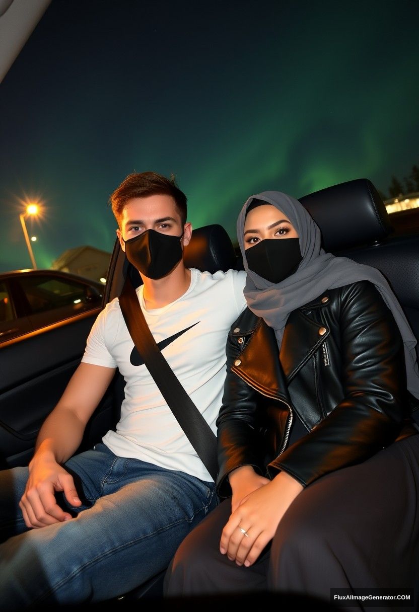 Jamie Dornan, tall, young, wearing a black face mask, a white Nike t-shirt, and jeans, is dating a lovely, romantic, grey hijab-wearing Muslim girl with beautiful eyes, also wearing a black face mask and a leather jacket, along with a very long and big skirt. She is not tall. They are sitting in a car in town, captured in photorealistic selfie photos, with a night scenery and the aurora borealis. - Image