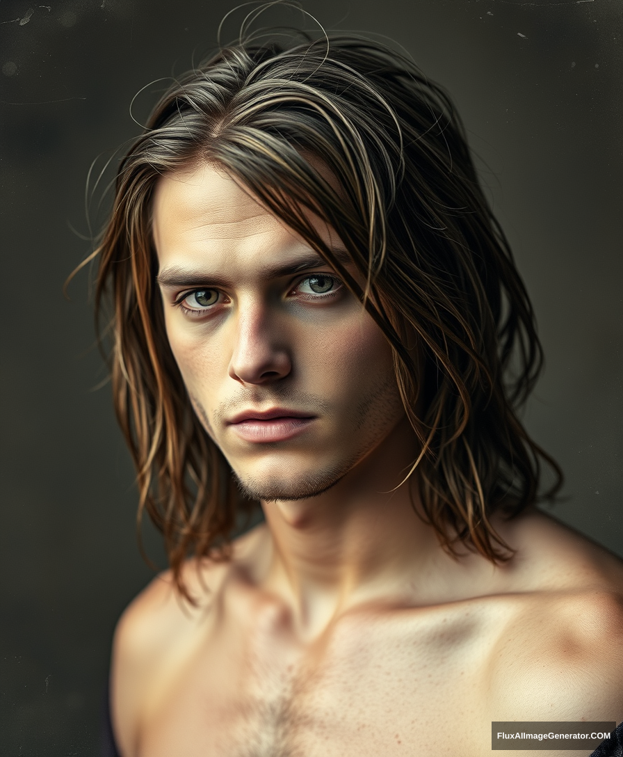 A beautiful long-haired young male in the style of wet plate photography.