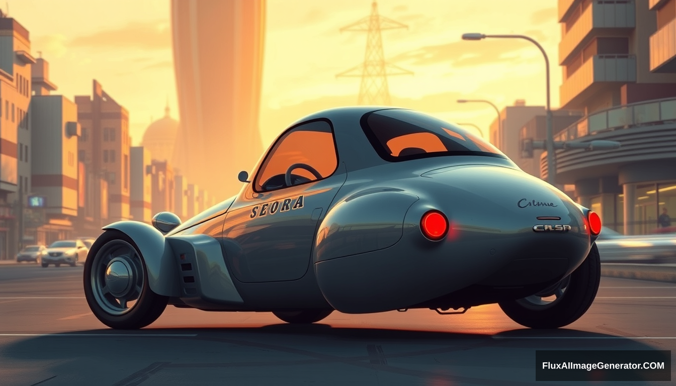 3/4 shot, a three-wheeled car having only 1 rear wheel, as painted by Syd Mead, future city setting, 4k.