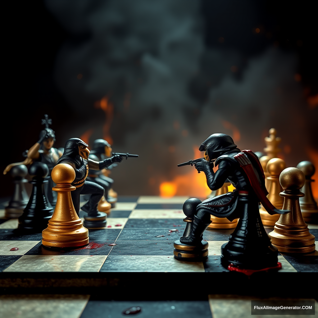 Side view, Chess pieces as Mortal Kombat fighters, fighting on a chessboard arena, Mortal Kombat style, action scene, blood drops.