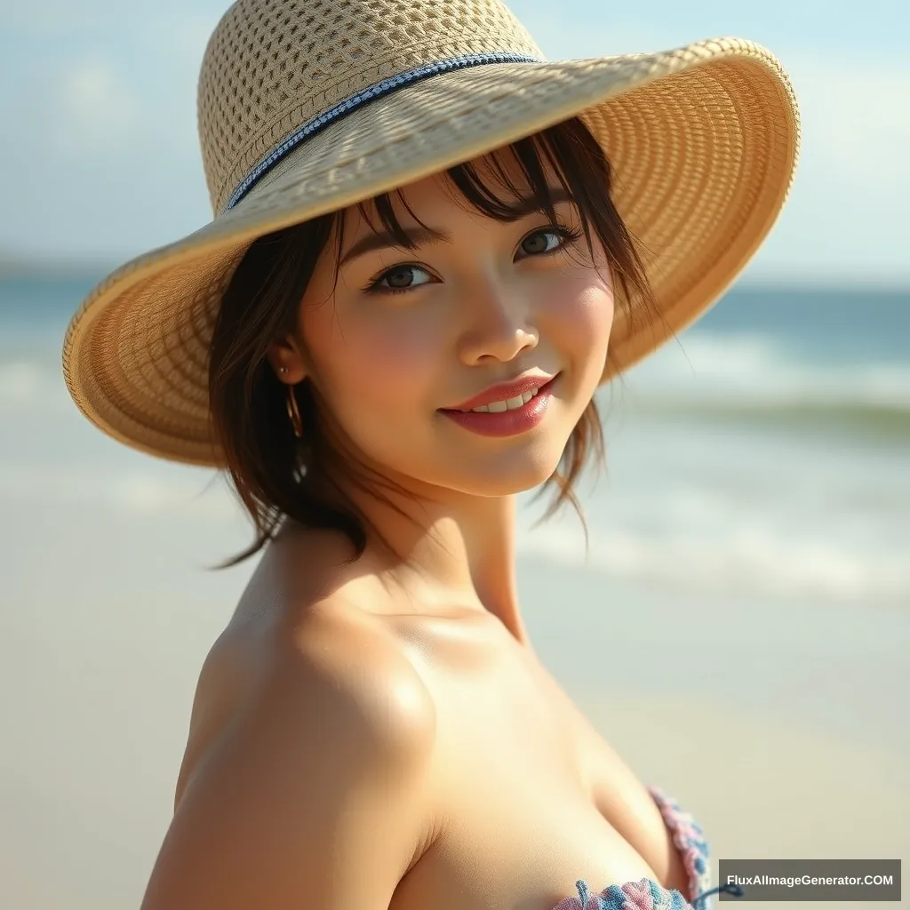 Beautiful Japanese woman on the beach with big boobs.