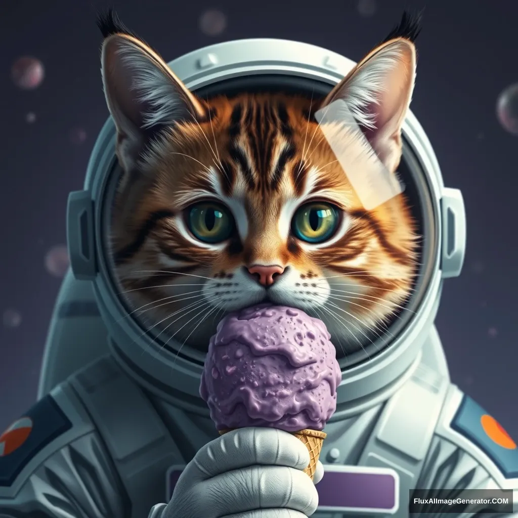 1cat, astronaut, purple ice cream, photorealistic