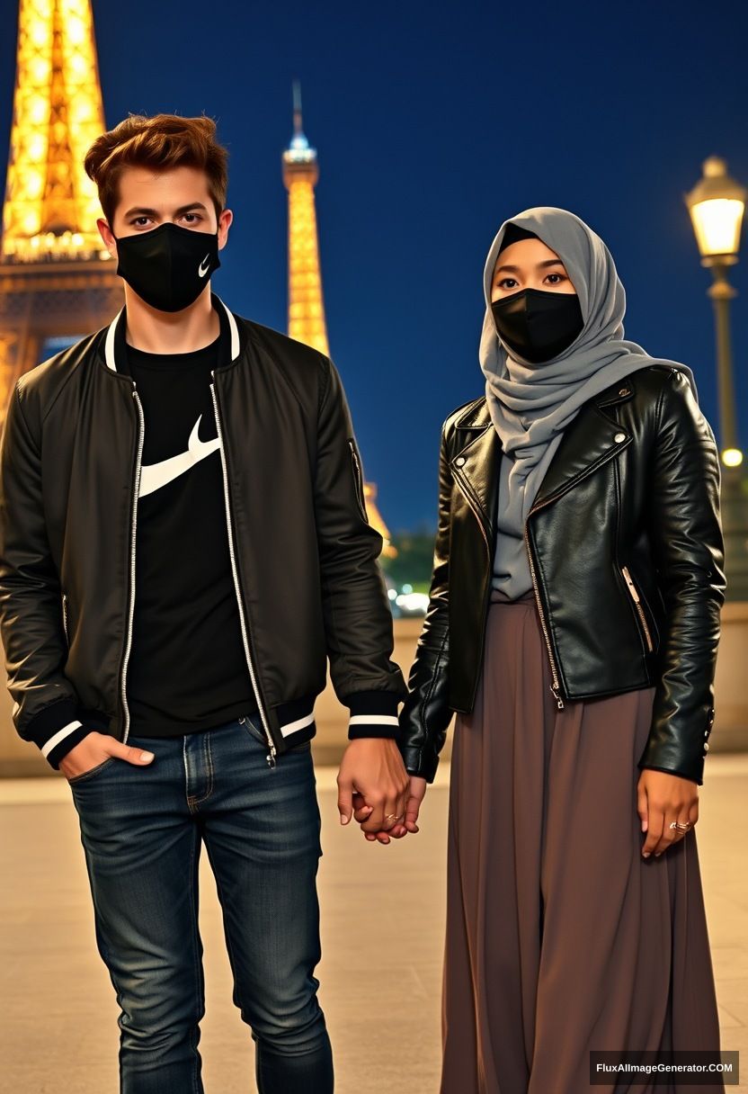 Jamie Dornan, youngest, black face mask, collage jacket, Nike t-shirt, jeans, tall man, fit body,

Dating, love with the biggest grey hijab Muslim girl, beautiful eyes, black face mask, leather jacket, biggest longest skirt, cute not tall girl,

standing near the Eiffel Tower, night scenery, holding hands, hyper-realistic, photorealistic, street photography. - Image