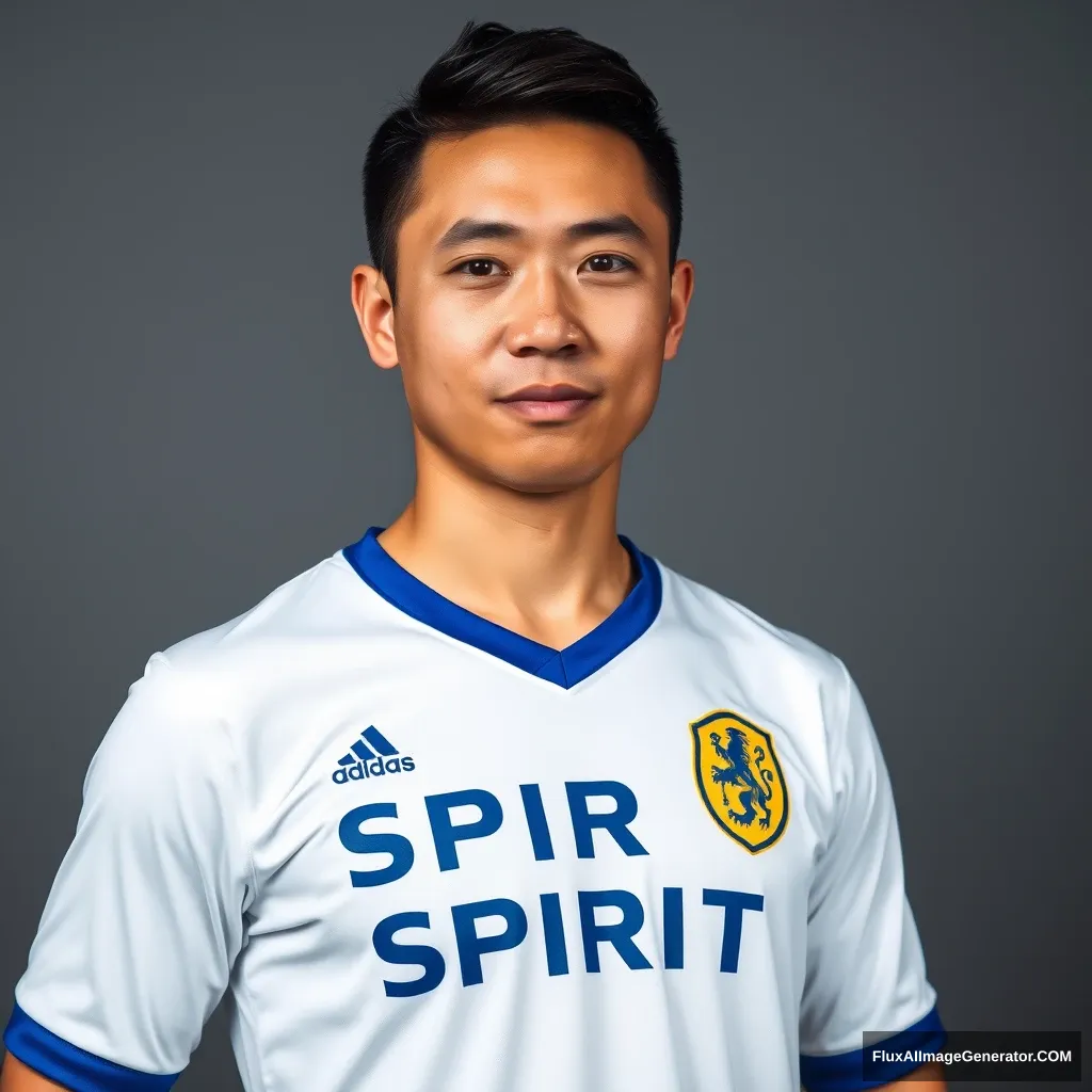 High-quality portrait photo of a Chinese man wearing a white short-sleeve football jersey, with blue cuffs and a blue collar, featuring the word "SPIRIT" on the chest. He poses confidently with a strong and determined gaze, upper body shot of the player, Rembrandt lighting, shot in a studio, with a gray background.