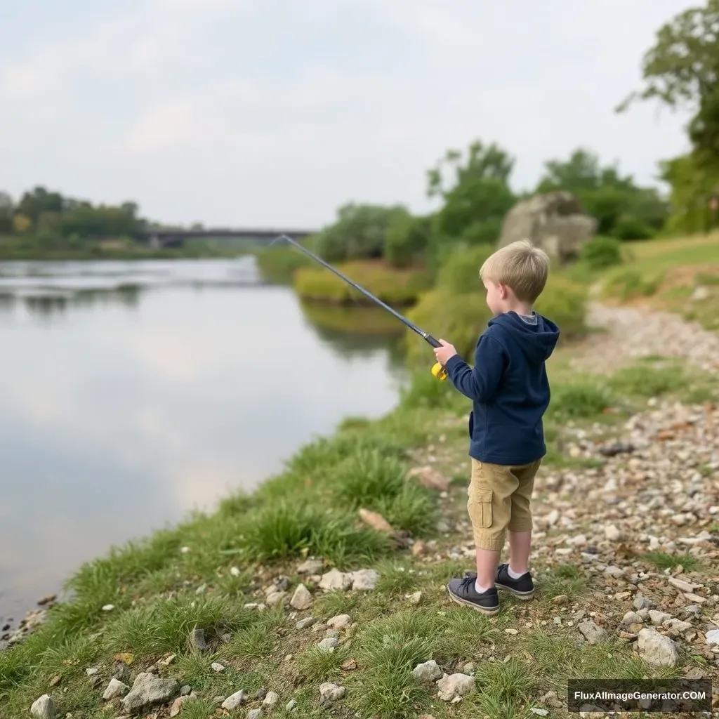 Small boy fishing by a riverbank. - Image