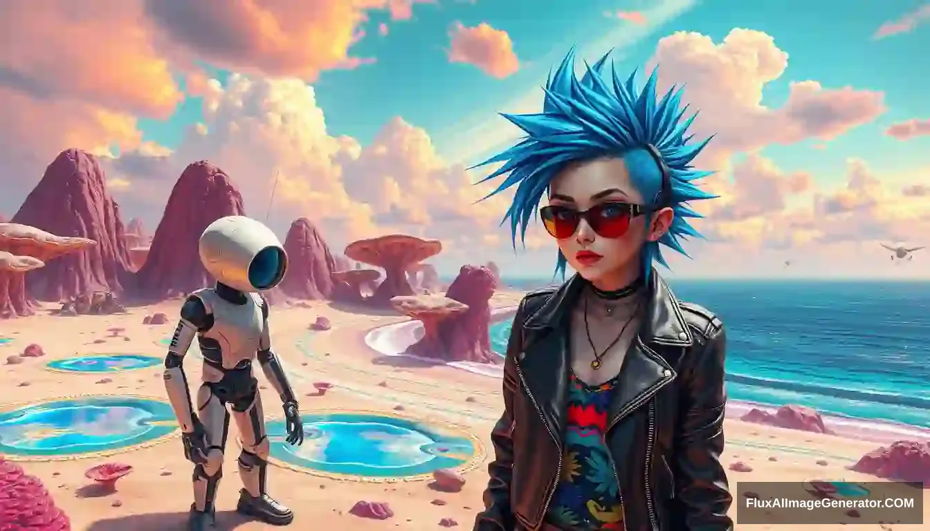 A vivid, high-contrast scene features a punk girl with electric blue spiky hair rendered in the intricate style of Enki Bilal with ray tracing effects. Photo: Digital painting of a vivid, high-contrast scene features a punk girl with electric blue spiky hair and a leather jacket, beside a charming retro-futuristic robot in Hawaiian shorts, on a surreal alien beach adorned with iridescent fungi and shimmering lakes, all beneath a vibrant, dreamlike sky.