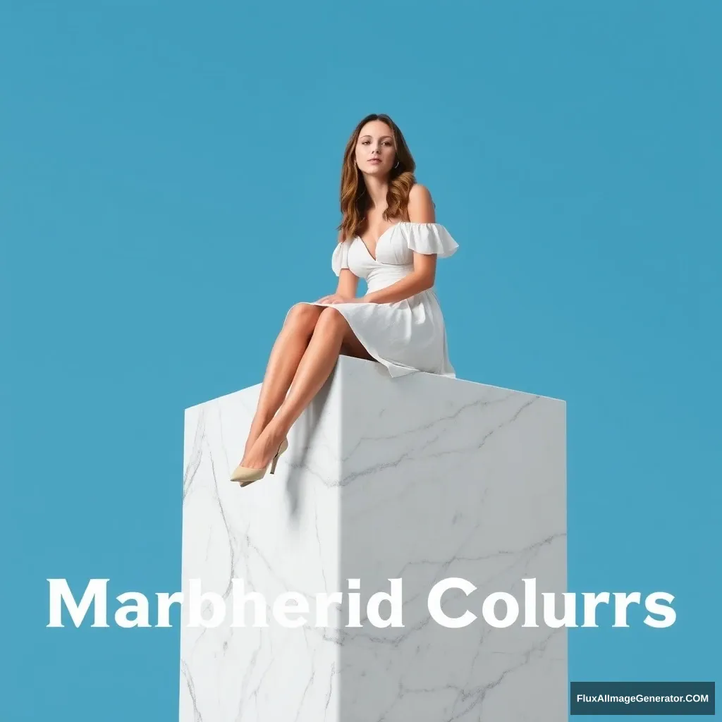 A woman sitting on a giant cube in a white dress with her legs crossed, with a blue background, promotional image, a marble sculpture.