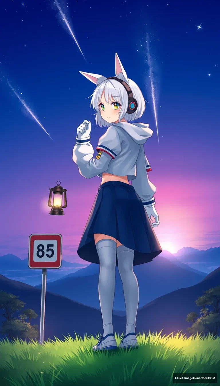 1girl, breasts, short hair, blue eyes, skirt, long sleeves, gloves, thighhighs, jacket, yellow eyes, white hair, shoes, puffy sleeves, midriff, white gloves, hood, crop top, blue skirt, fake animal ears, heterochromia, headphones, white jacket, puffy long sleeves, multicolored eyes, blue sky, blue theme, bus stop sign, dawn, facing away, gradient sky, grass, holding, holding lantern, lantern, meteor shower, mountain, nature, on grass, outdoors, plant, road sign, scenery, sign, sky, solo, standing, star (sky), tree, very wide shot, masterpiece, best quality, high detail, anime style