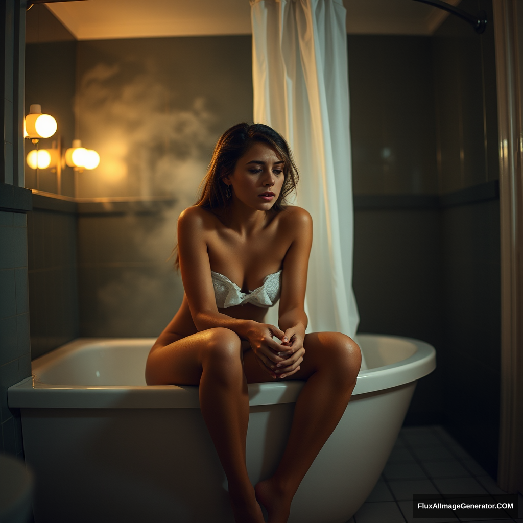 A dimly lit bathroom with a warm glow emanating from the vanity lights, casting a soft ambiance on the woman's serene face. She sits comfortably on the edge of the bathtub, her hands cradling the porcelain, as if lost in thought. The shower curtain is partially open, revealing a glimpse of steamy glass, and the tile floor glistens with moisture.