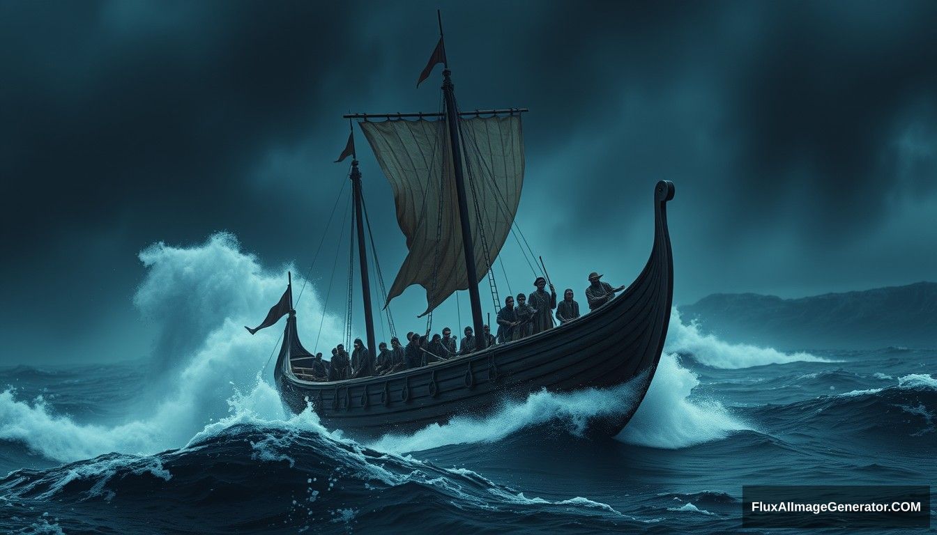 An ancient wooden ship carrying thirty men from the Lakhm and Judzam tribes, struggling through a violent storm at sea, with huge waves crashing over the deck and dark, stormy skies. Ultra HD, realistic, dramatic, and cinematic lighting.