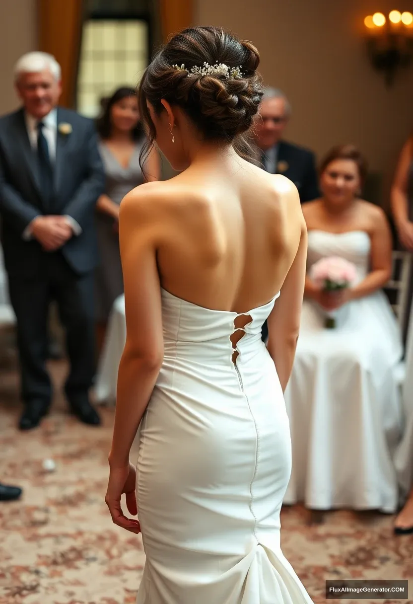 A short young woman, sensitive, delicate, ashamed, wearing a backless, strapless, side-less, low-waisted, open-back contouring wedding dress that seems like it's going to come undone, in front of elder patriarchy, expectations. - Image