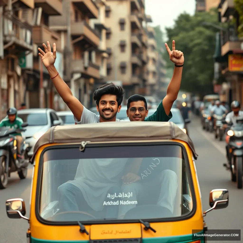 A Pakistani teenage couple roaming in an auto rickshaw across the old city area celebrating Arshad Nadeem, the javelin thrower's gold medal in the 2024 Olympics.