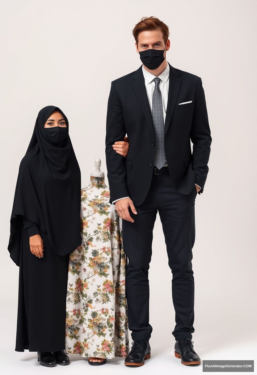 A tallest black hijab girl, beautiful eyes, black face mask, the longest white floral dress, not tall, standing, holding his arm

Jamie Dornan, youngest, black suit jacket, white shirt, grey patterned tie, black leather sneakers, tall man, black face mask, fit tough body, standing near her, loving couple

hyper-realistic, studio photography, photorealistic - Image