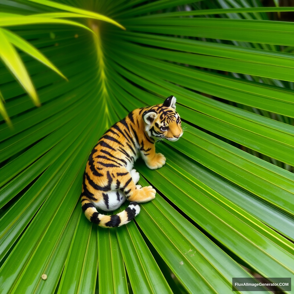 There is a small tiger on the palm. - Image