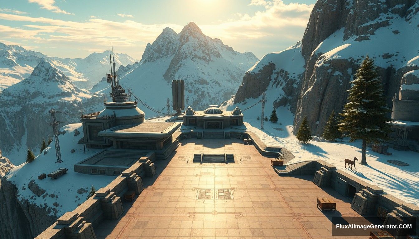 Cel shaded art, wide shot, a sci-fi center on the top of a snowy mountain, open air, close look, cyberpunk, military base, Star Wars style, indoor, patio, morning, sunlight, fortress, mountain, rock, snow, tarmac, parking apron, cave, tree, landing field, cliff.