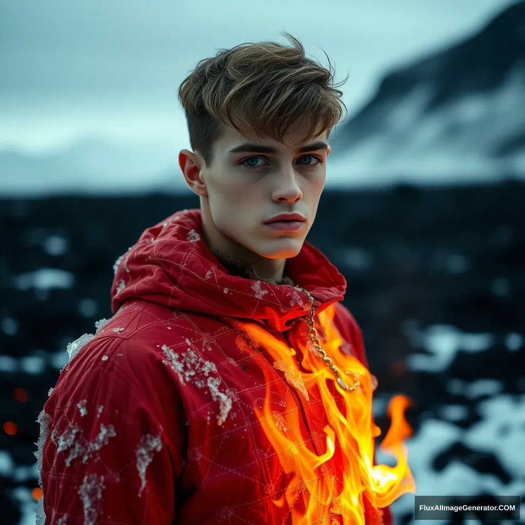 Huyag, handsome young man, 20-year-old model, clothing of ice and fire, Icelandic volcano, ground lava, burning clothes, long shot, exquisite facial details, Tim Walker photography with sound, detailed facial features. Photography, main light, panoramic view, fashion photography, snowy landscape, philosophical sense, realistic photos. Very cool action. - Image