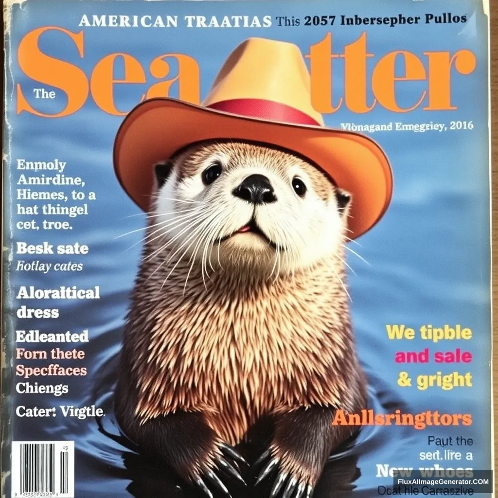 Sea otter on the cover of a 60s American magazine, wearing a cowboy hat, real photo, magazine cover.