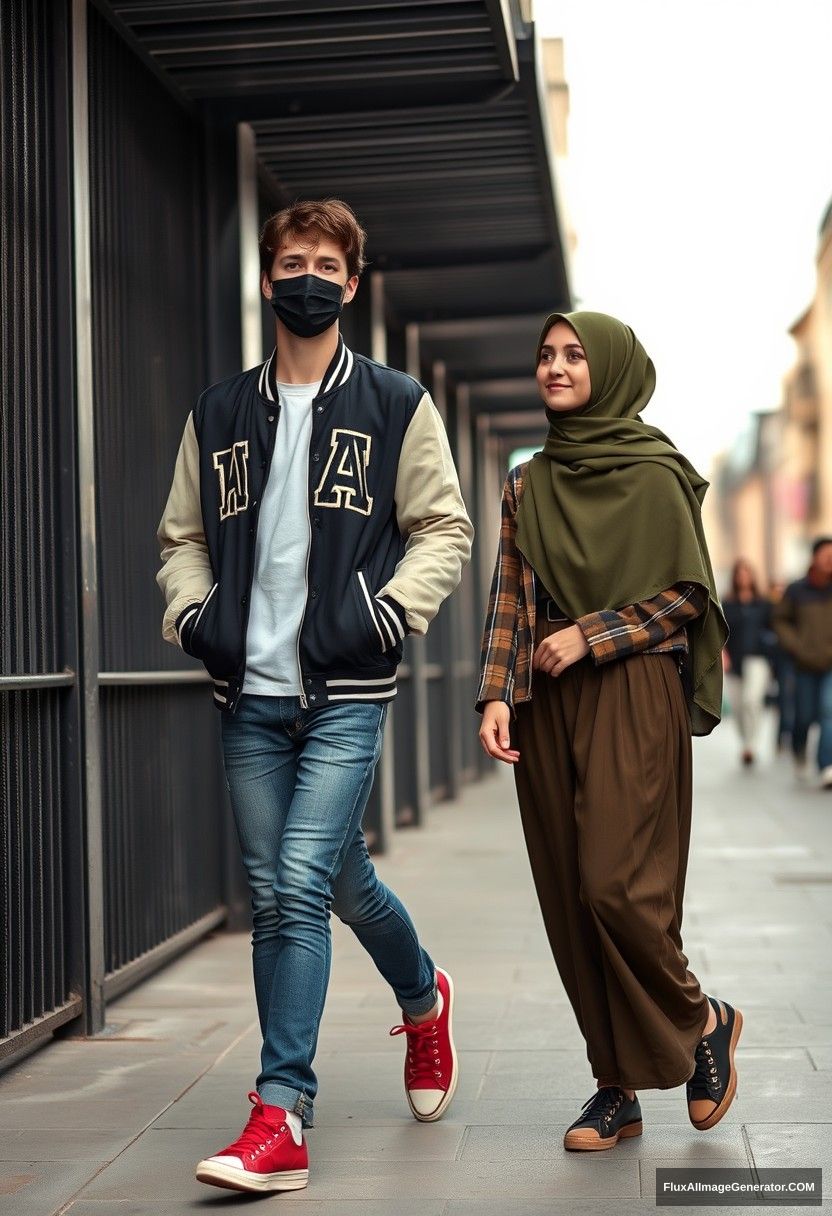 Jamie Dornan, young, wearing a black face mask, a collage jacket with a capital A, jeans, and red sneakers, dating romantically with a girl in the biggest army green hijab, beautiful eyes, black face mask, college jacket, wearing the longest skirt, a girl who is not tall, photorealistic and realistic, street photography, full photography.