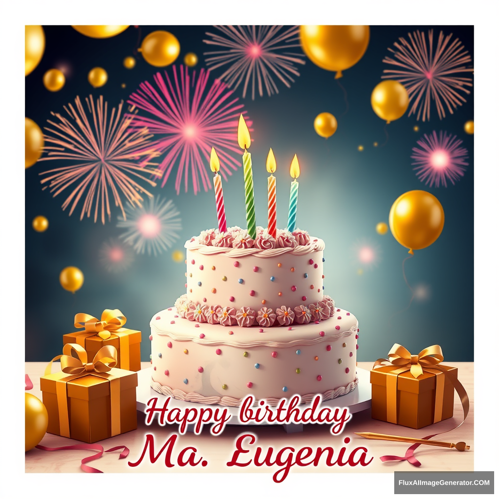 A 2-tiered birthday cake, 5 beautiful candles, gifts decorate the table, golden balloons float and fireworks accompany them in the background. A beautiful phrase reads "Happy birthday Ma. Eugenia". - Image