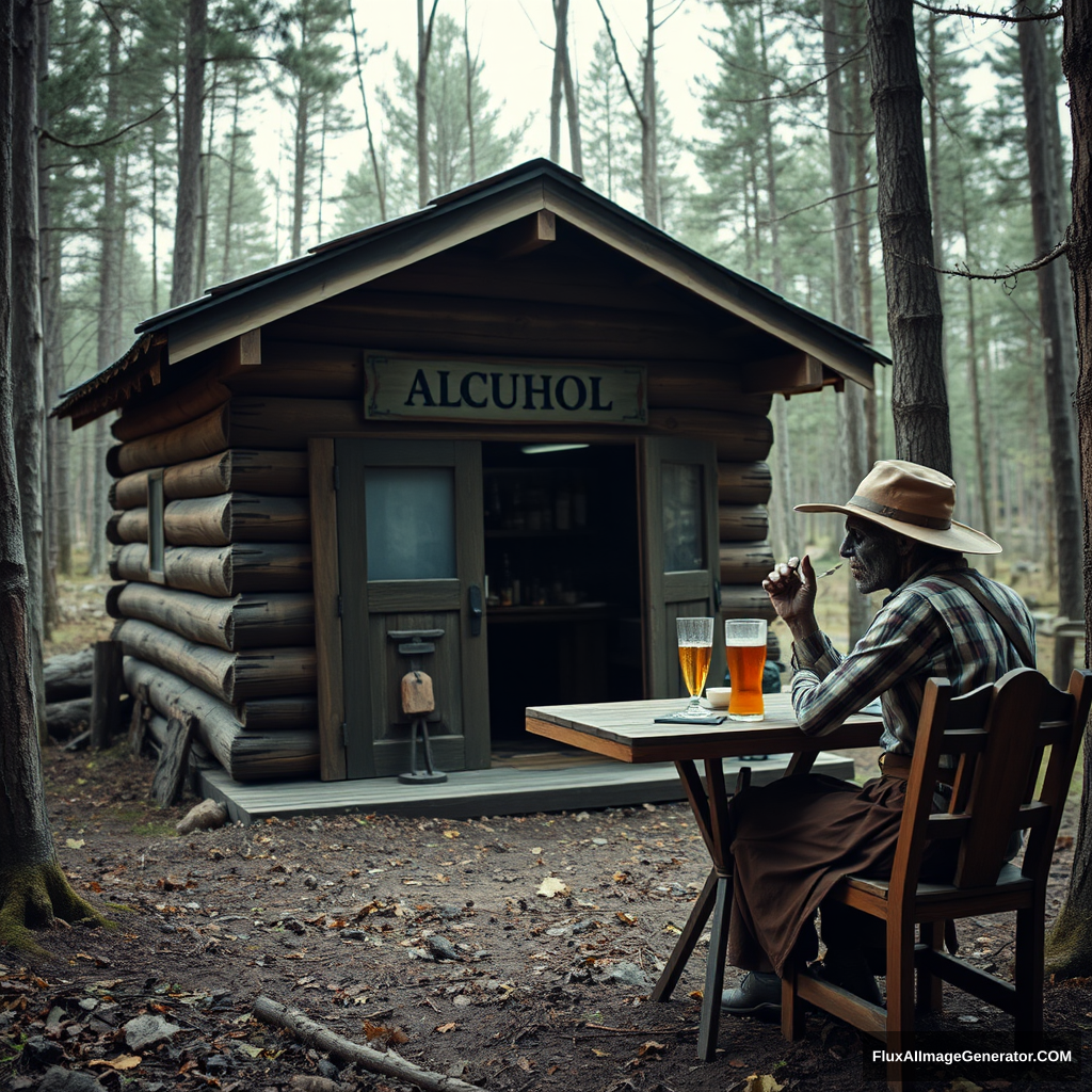 Real-life photography, wide shot: In the forest, there is a wooden cabin selling alcohol, and a dressed zombie comes to buy some. Next to the cabin, there are one table and two chairs, with a zombie wearing a hat sitting and drinking. A female barbarian is selling the alcohol.