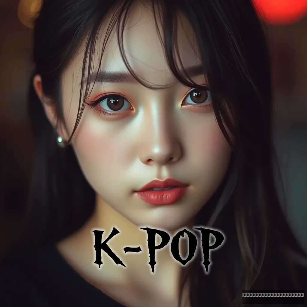 Ultra-realistic photo of a Korean girl, gothic black font "K-POP" at the center bottom of the photo.