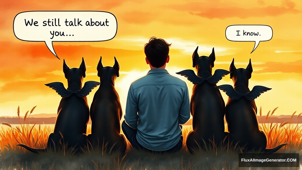 Watercolor illustration: male figure in meadow at golden hour, silhouetted against vibrant sunset sky. Three winged canine Doberman companions sat beside him, facing away from the viewer. Speech bubbles float above: "We still talk about you" (person), "I know" (dog). Nostalgic atmosphere, brushstrokes convey wistful longing. Warm palette, dreamy textures. - Image