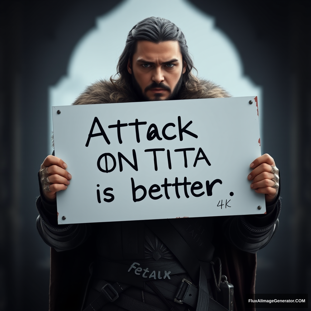 Game of Thrones character Jon Snow holding a sign that says "Attack on Titan" is better. Realistic. 4k. Photorealistic. Sharp.