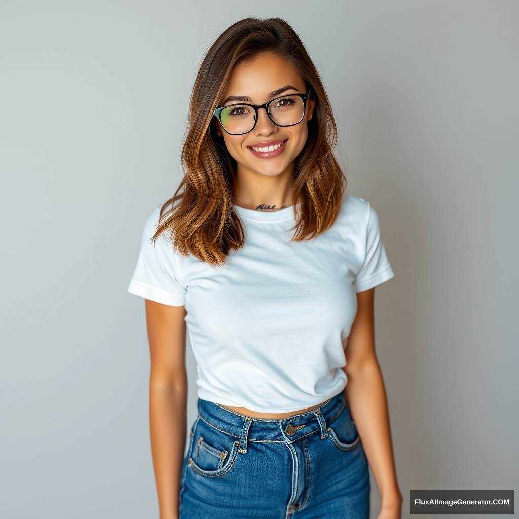 Beautiful 23-year-old woman with shoulder-length brown hair, wearing a tight-fitting white t-shirt, tight low-cut worn blue jeans, and white Nike sneakers, with trendy black-framed clear glasses, looking directly at the camera with a cute smiling face and a cool neck tattoo.