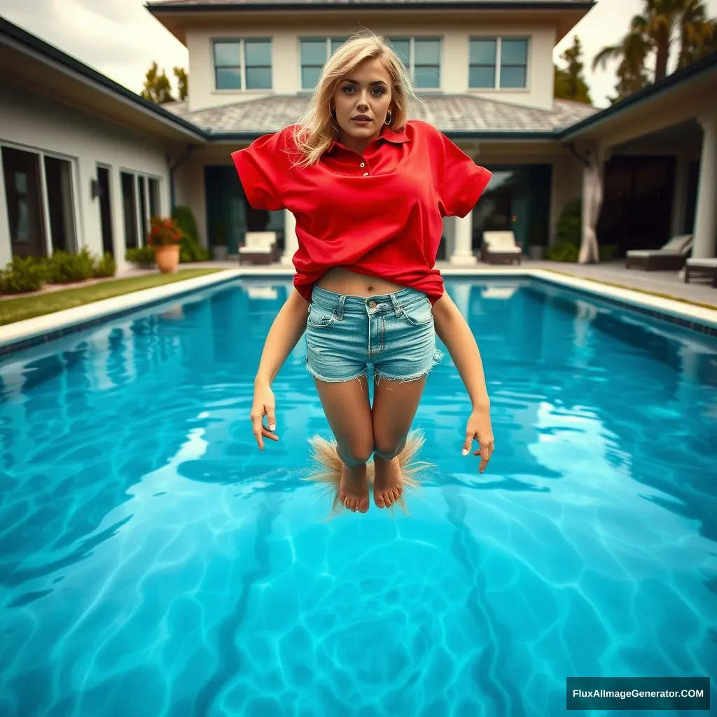 Front view of a young blonde skinny woman who is in her early twenties is in her massive backyard wearing a massively oversized red polo t-shirt which is a bit off balance on one of the shoulders and the bottom part of her t-shirt is tucked in on all sides. She is also wearing small light blue denim shorts and she is wearing no shoes or socks. She jumps into her massive luxurious pool head first, making her go upside down with her head and arms in the pool.