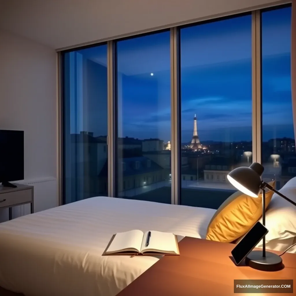 Modern Bedroom apartment, big glass window, midnight in France, a study lamp lighting, a notebook and phone on a study desk. - Image