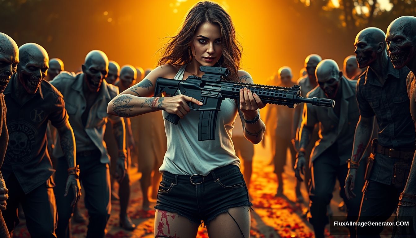 Portrait of a sexy woman in a white vest and black shorts, lots of gypsy-style and skull-pattern tattoos on her arms, her arm skin scratched, splashed blood on both arms and legs, holding an AR-15 rifle with both hands, aiming, surrounded by scary zombies in different clothes, golden hour lighting, ray tracing, global illumination, 4K.