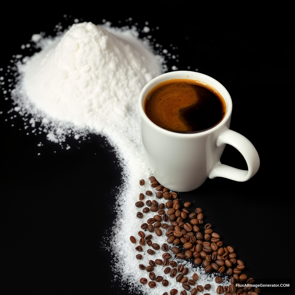 a dark background with a pile of sugar spilling out like a flowing stream that leads to a coffee cup filled with coffee grains that float, forming a unique pattern like the tracks of a creeping creature. - Image