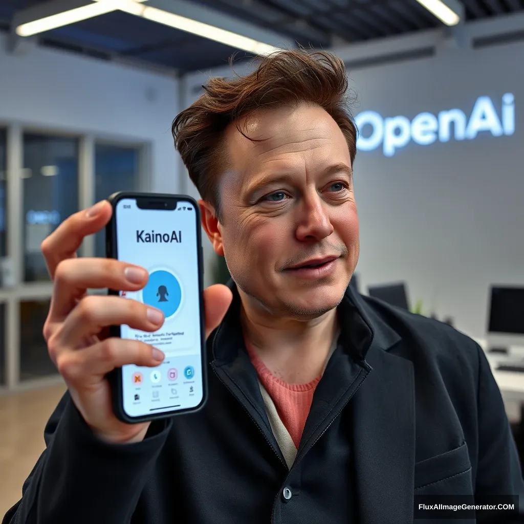 Elon Musk sostiene un teléfono y la pantalla del teléfono muestra la aplicación KainoAI, el fondo es la oficina de OpenAI. - Image