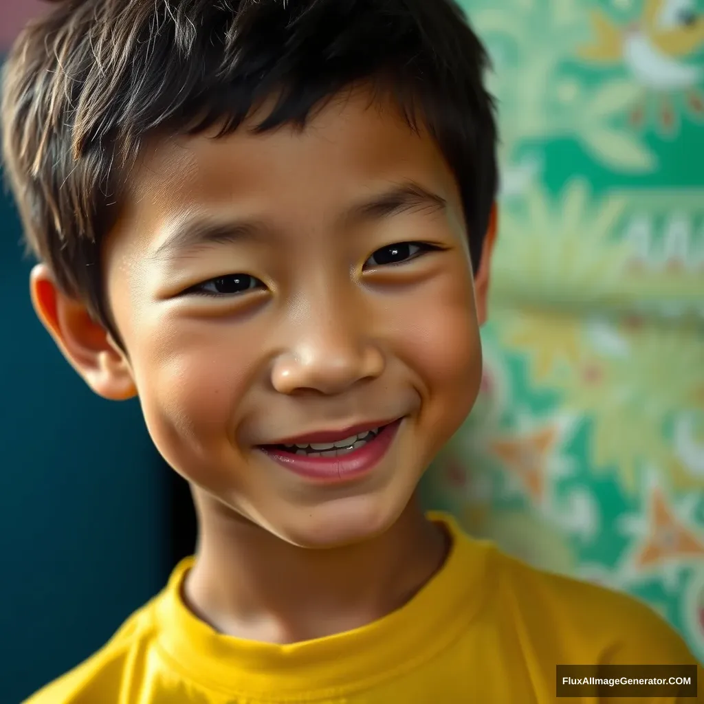 An Asian boy with a long nose smiling, photo by Nikon D3.