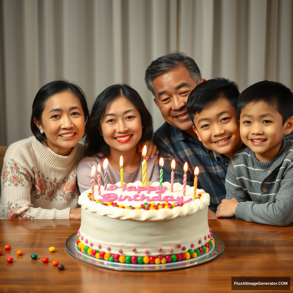 A birthday cake is placed on the table with the words "Happy Birthday" written on it. There are four Chinese people sitting behind the table. The person in the middle is a mother who is about 35 years old. Sitting on the right side of the mother is a father who is about forty years old and his son who is about ten years old. The daughter who is about eight years old is sitting to her left. The cake is decorated with colorful candies and candles. Some candies were scattered on the table, adding to the festive atmosphere of the birthday celebration. - Image