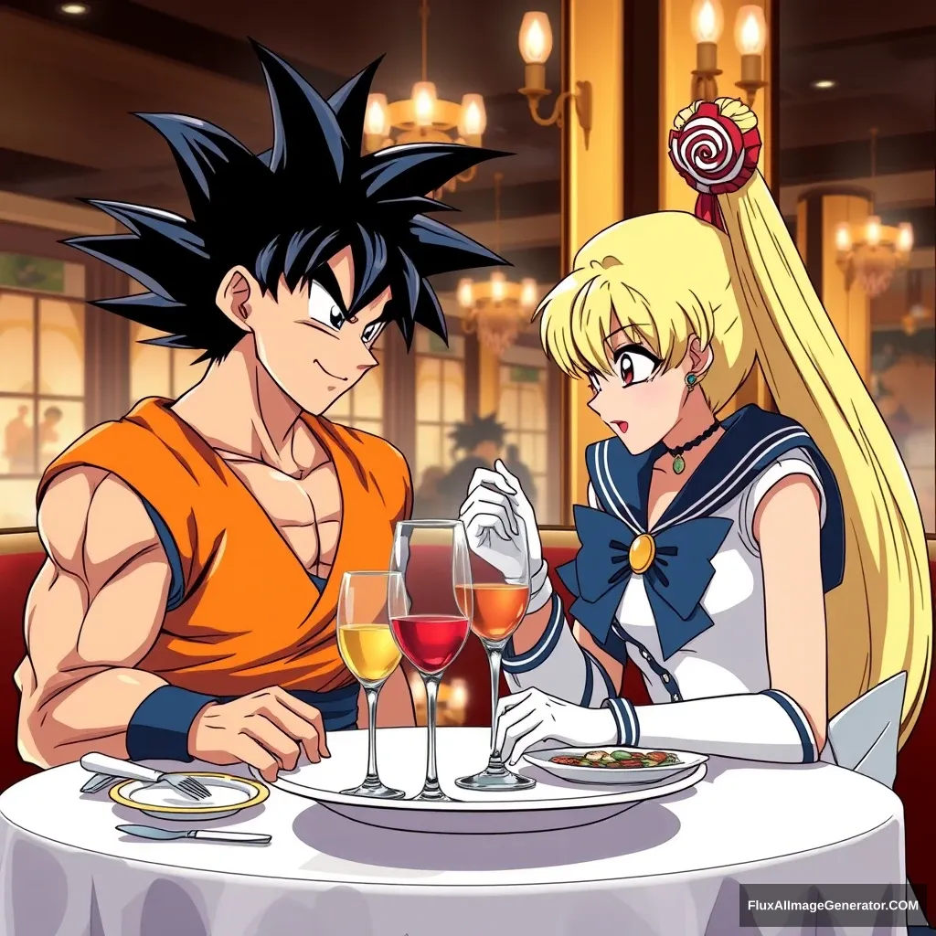 Goku and Sailor Moon having dinner together in the fancy restaurant, hyper-realistic photo.