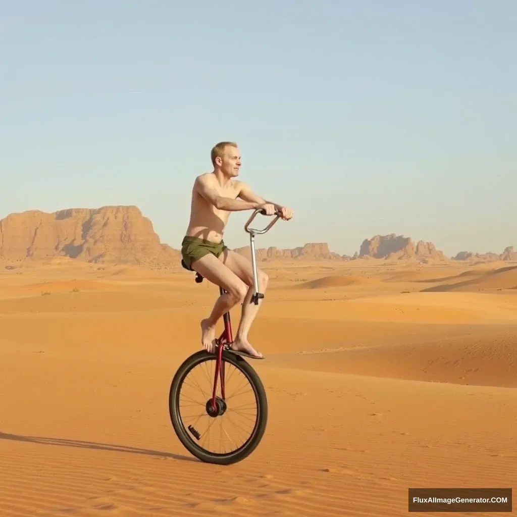 In the desert, someone is riding a unicycle. He is very hot, so he is not wearing much, and his skin is very pale.